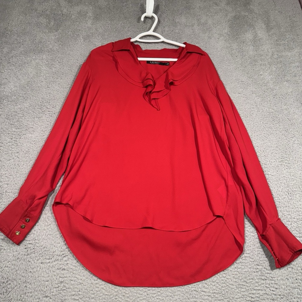 Lauren Ralph Lauren Red Long Sleeve Ruffle Blouse Large High Low Gold Button